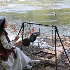 DSVIMOY Swing Hanging Cooking Rack with Adjustable Grill Grates, Foldable Campfire Cooking Rack with Hooks, Black, 58.6"*25.2"*38.58"