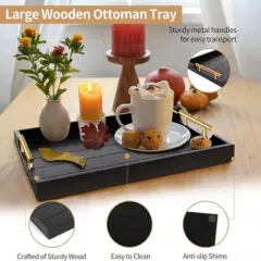 Attop Coffee Table Tray Set - Large Ottoman Tray with Handles Wood Serving Tray (2 Sets) with 4 Round Coasters Black