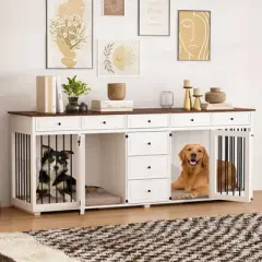 Famapy Large Dog Crate Furniture with Drawers Multifunctional Furniture Style Pet Crate White