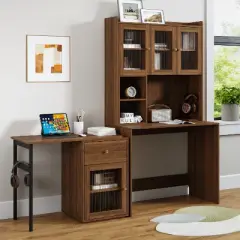 Lyngins Rotating Computer Desk with Ample Storage &ndash; 90&deg; Adjustable Tabletop, Home Office Desk with Bookshelf & Hutch, Gaming Desk for Study Room