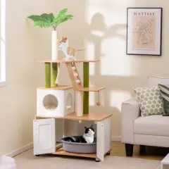 Tangkula All-in-One Cat Tree w/ Litter Box Enclosure Cat Tower Scratching Posts Ladder