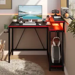 Pinmoco 42 inch Reversible L-Shaped Gaming Desk with LED Light Monitor Stand Headphone Hook & Storage Shelves for Home Office
