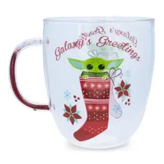 Silver Buffalo Star Wars: The Mandalorian Grogu Holiday Glitter Handle Glass Mug  | 14 Ounces