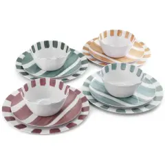 Gibson Home Cottage Stripes 12 Piece Melamine Dinnerware Set in White and Multi
