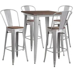 Flash Furniture 31.5" Square Metal Bar Table Set with Wood Top and 4 Stools