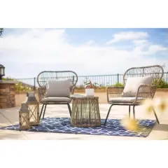 Barton 3PCS Outdoor Patio Wicker Chat Conversation Bistro Chairs and Side Table with Cushion Seat, Light Grey/Beige