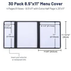 WeChef 30 Pcs Menu Covers 8.5x11" 3 Page 6 View & 4.25x11" Half Page Wine List