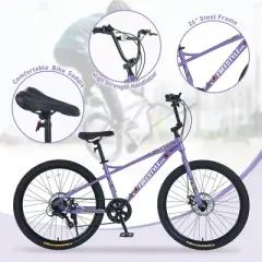 26 Inches Kids Bike, 7-Speeds Bicycle For Boys Girls Age 12+ Years With Double Disc Brakes, Aluminum Rims, Carton Steel Frame, Anti-skid Tires