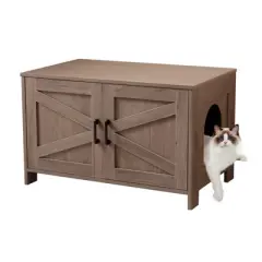 DSVIMOY Cat Litter Box Enclosure, Litter Box Furniture Hidden with Barn Door, Wooden Cat House, End Table, Greige, 31.5"*19.7"*19.7"