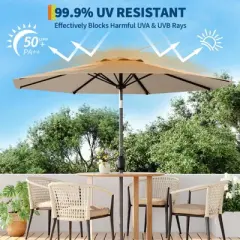 9ft Patio Umbrella, Crank & Tilt, 8-Rib, Water-Resistant Table Umbrella, UV Protection, Adjustable for Garden, Tan