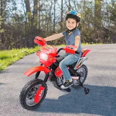 Aosom 6V Kids Motorcycle Dirt Bike, Electric Ride on Toy, Off-road Street Bike with Training Wheels Music Lights, for 5-8 Years, Red