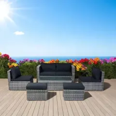 Mshliw 6-Piece Patio Wicker Sectional Conversation Set with Space-Saving Design, Grey Wicker & Black Cushions for Outdoor, Backyard, or Patio