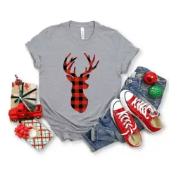 Simply Sage Market Women's Buffalo Plaid Reindeer  Short Sleeve Graphic Tee