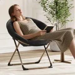 Homhougo Folding Saucer Chair, Portable Faux Fur Moon Chair with Metal Frame, XL Circle Lounge Seat for Dorm, Bedroom