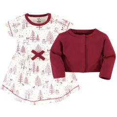 Touched by Nature Baby and Toddler Girl Organic Cotton Dress and Cardigan 2pc Set, Winter Woodland