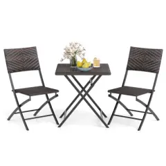 Costway 3 PCS Rattan Bistro Set with Wicker Seat & Tabletop for Backyard, Garden, Balcony