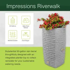Good Ideas Impressions Riverwalk 50 Gallon Faux Slate Surface Dual Spigot Rain Barrel with 2 Brass Spigots and Screen, Dark Granite (4 Pack)