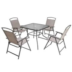 5pc Outdoor Steel Dining Set with Folding Chairs & Square Glass Table Top Beige - Crestlive Products