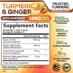 Turmeric Curcumin Supplement 1950mg Organic Turmeric with Ginger, 95% Curcuminoids, BioPerine Black Pepper, 180 Capsules By Nature's Nutrition