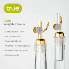 True Glide Weighted Pourers with Self Closing Feature for Liquor, Wine, Oils, or Vinegar, Stainless Steel, Gold, Set of 2