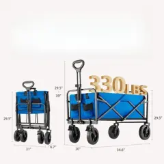 DSVIMOY Outdoor Serving Carts, Foldable Cart with All-Terrain Wheels, Collaspible Cart with Handle and Side Pockets, Blue, 20"*39 3"*34.6"*