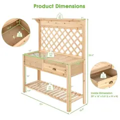 Costway Wood Raised Garden Bed w/ Trellis Elevated Planter Box w/ Storage Shelf and Drawer