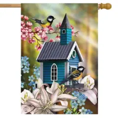 Peaceful Birdhouse Spring House Flag Floral Chickadees 28" x 40" Briarwood Lane