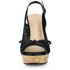 Allegra K Women's Wood Platform Heels Bow Lace Wedge Sandals