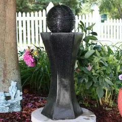 Sunnydaze Outdoor Polyresin Solar Powered Pedestal and Ball Modern Water Fountain with LED Lights - 31"