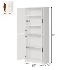 Homhougo 70in Tall Kitchen Pantry Cabinet, Freestanding Storage Cabinet with 4 Doors and Adjustable Shelves, Large Utility Hutch Cupboard White