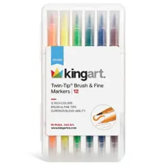 KINGART Twin-Tip Brush & Fine Markers 12 Colors