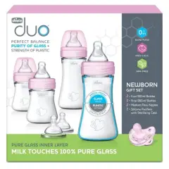 Chicco Duo Newborn Hybrid Baby Bottle Gift Set with Invinci-Glass Inside/Plastic Outside- Pink - 8pc