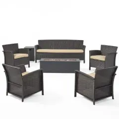 Christopher Knight Home Khaden Outdoor Wicker 7 Seater Sofa and Club Chair Chat Set with Fire Pit