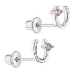 Girls' Lucky CZ Horseshoe Screw Back Sterling Silver Earrings - In Season Jewelry