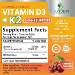 Vitamin D3 with K2 Supplement - High Potency Vitamin D Complex, Chewable - 60 Tablets;120 Tablets;180 Tablets