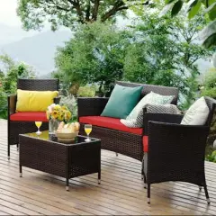 Costway 4PCS  Patio Furniture Set  Rattan Conversation Set W/ Tempered Glass Coffee Table Cushion Red