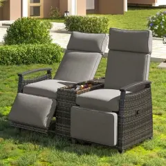 Whisen Patio Recliner Loveseat Chair, Adjustable Backrest Wicker Outdoor Lounge Chair Set with Acacia Wood Armrests and Built-in Storage Table