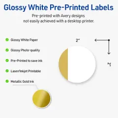 Avery&reg; Labels, 2" Diameter, Dipped Gold Edge, Glossy White, 120ct
