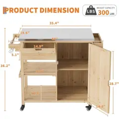 Solid Wood Outdoor Grill Cart Storage Cabinet with Stainless Steel Table Top and Spice Rack, Patio Bar Table with Lockable Wheels, Natural