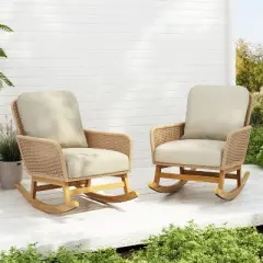 Christopher Knight Home Tamid Outdoor Rustic Wood, Rattan and Metal Rocking Chair with Cushion (Set of 2)