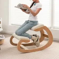 Costway Ergonomic Kneeling Chair Wooden Rocking Chair with Comfortable Padded Seat Cushion & Knee Support Upright Posture Support Chair for Back Pain Relief Beige/Black/Gray