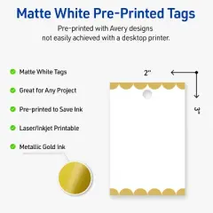 Avery Printable Rectangle Tags, Gold Edge Dots, 2" x 3", Matte White Rectangle Tags, Laser/Inkjet, 80ct, Great for Product Tags