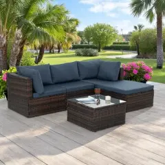 5-Piece Patio Furniture Set with PE Wicker Furniture set, Tempered Glass Table, Cushions with Zipper,Outdoor Furniture set