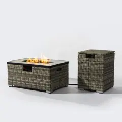 Moda Furnishings 32" Propane Gas Fire Pit Table with Propane Tank Cover 2-Pieces, Rectangular Steel Fire Pit