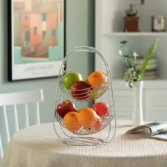Basicwise 2 Tier Metal Fruit Holder Swing Basket for Kitchen | Detachable Countertop Vegetables Storage Organizer with Display Hammock Stand