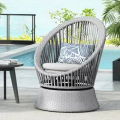 Outdoor Patio Wicker Lounge Chair, Wicker Chaise with Stylish Round Design, Lounge Chair with Iron Frame and PE Cushions-Coolbibila