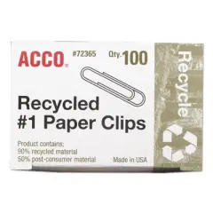 ACCO Recycled Paper Clips, #1, Smooth, Silver, 100 Clips/Box, 10 Boxes/Pack