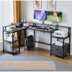 Garvee 76" Reversible L Shaped Computer Desk with File Drawer & with Power Outlet, Gaming Desk with Monitor Shelf, Corner Desk for Home Office