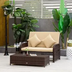 Outsunny Patio Wicker Loveseat Sofa Set, Outdoor PE Rattan Garden Assembled Sun Lounger Daybed Furniture, w/ Storage Ottoman & Side Tables/ Drink Trays for Poolside, Porch, Backyard