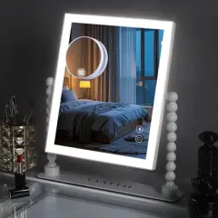 VANITII 12''x14'' Vanity Makeup Mirror with Lights Bluetooth Round Pillar Metal Tabletop White